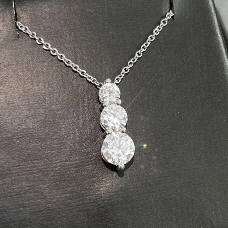 Rrjzz Brilliant D-Color Round 4mm&5mm&6mm Full Moissanite Diamond Three Stone Pendant Necklace for Women Birthday Jewelry Gifts