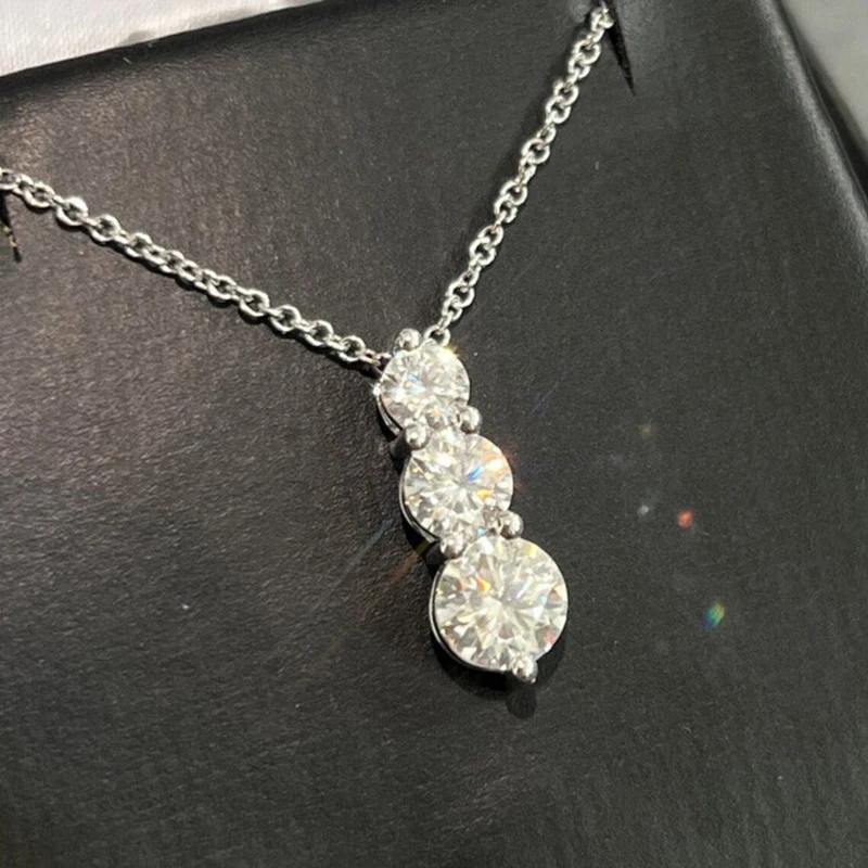 Rrjzz Brilliant D-Color Round 4mm&5mm&6mm Full Moissanite Diamond Three Stone Pendant Necklace for Women Birthday Jewelry Gifts