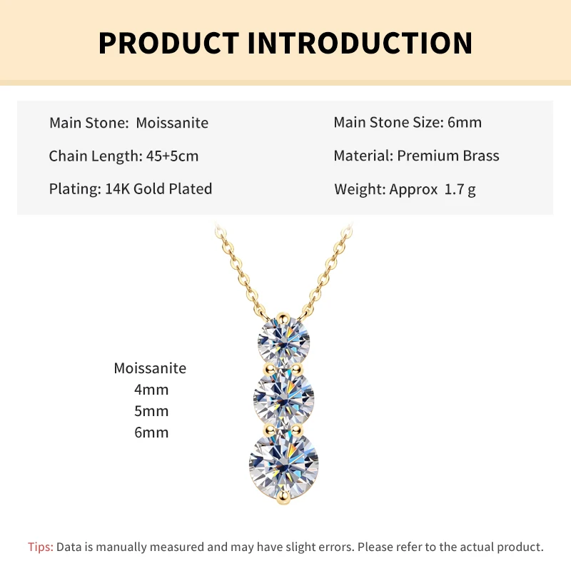 Rrjzz Brilliant D-Color Round 4mm&5mm&6mm Full Moissanite Diamond Three Stone Pendant Necklace for Women Birthday Jewelry Gifts