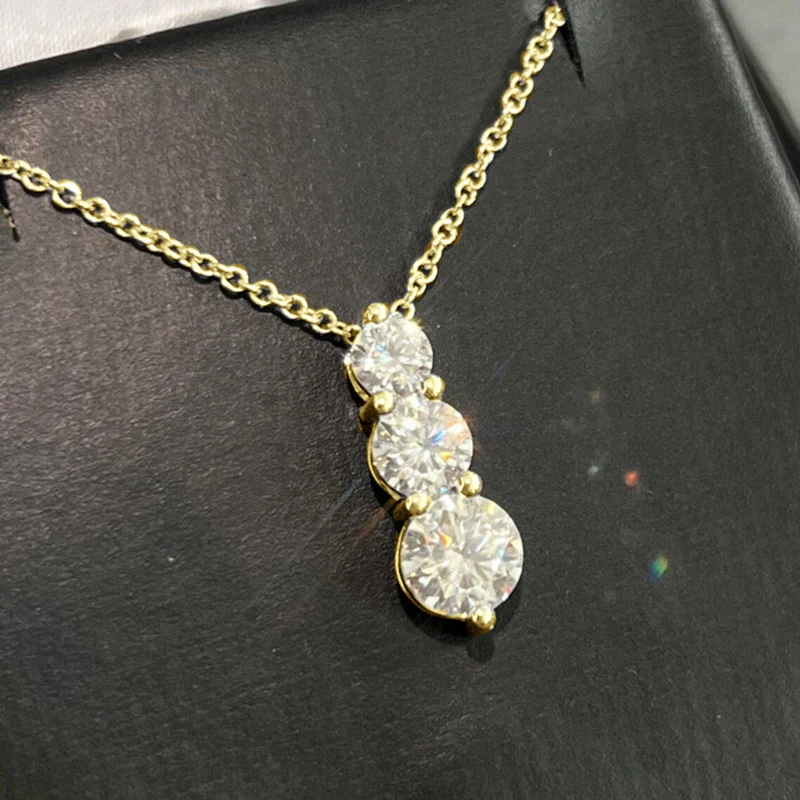 Rrjzz Brilliant D-Color Round 4mm&5mm&6mm Full Moissanite Diamond Three Stone Pendant Necklace for Women Birthday Jewelry Gifts