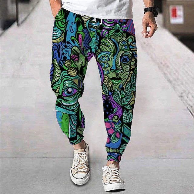 Men's Summer Long Pants Beach Pants, Drawstring Elastic Cartoon Pattern Printing, Comfort Breath Casual Daily Street Wear Design