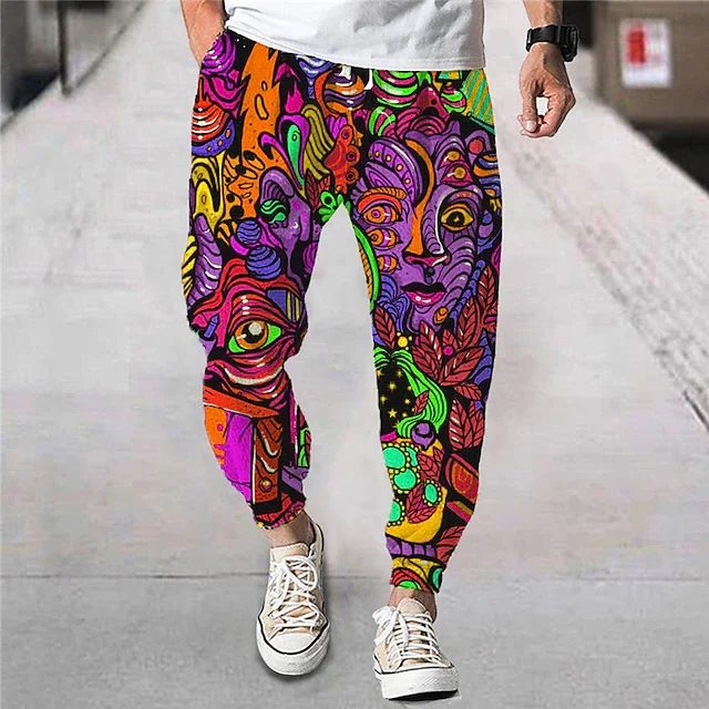 Men's Summer Long Pants Beach Pants, Drawstring Elastic Cartoon Pattern Printing, Comfort Breath Casual Daily Street Wear Design