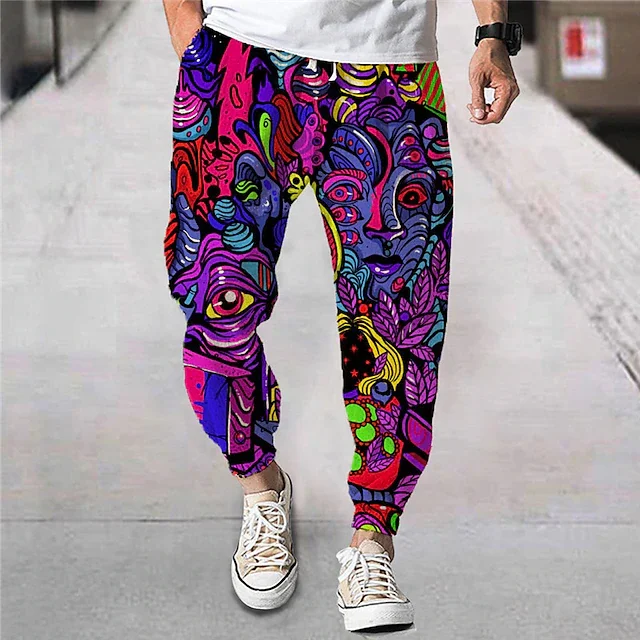 Men's Summer Long Pants Beach Pants, Drawstring Elastic Cartoon Pattern Printing, Comfort Breath Casual Daily Street Wear Design