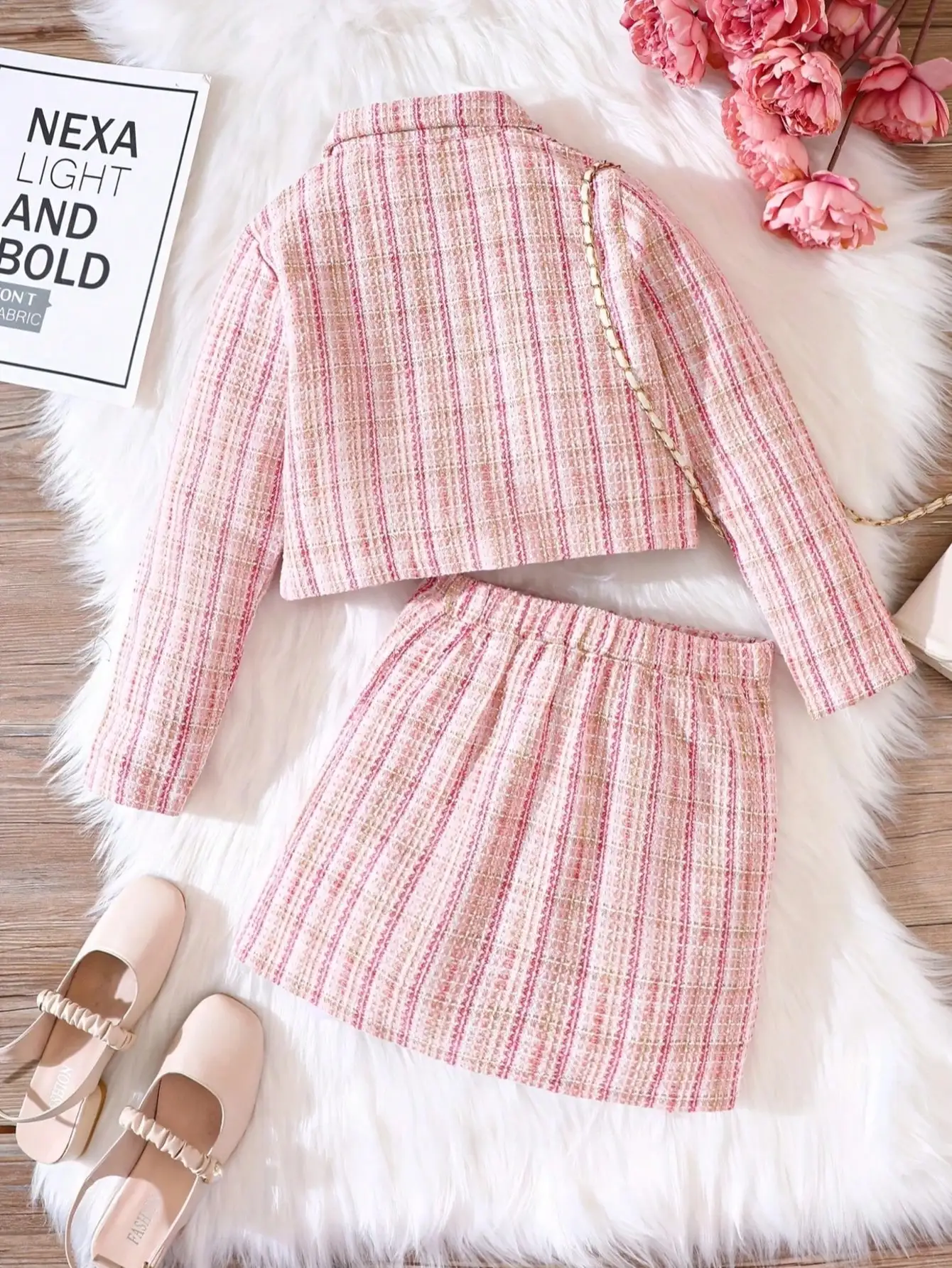 Elegant plaid suit for girls, long sleeved button top with flared hem, tight fitting dress suitable for spring and autumn