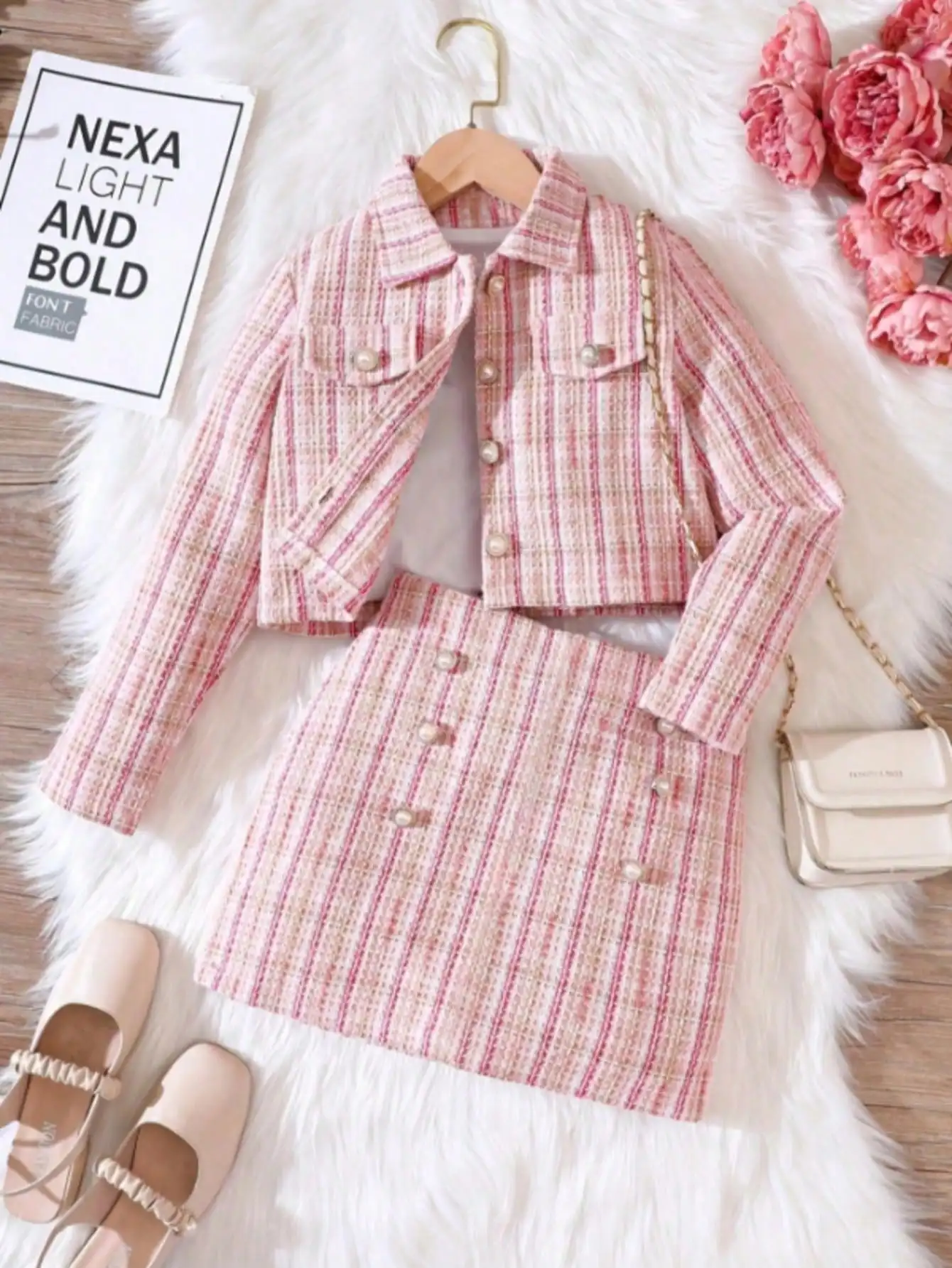 Elegant plaid suit for girls, long sleeved button top with flared hem, tight fitting dress suitable for spring and autumn