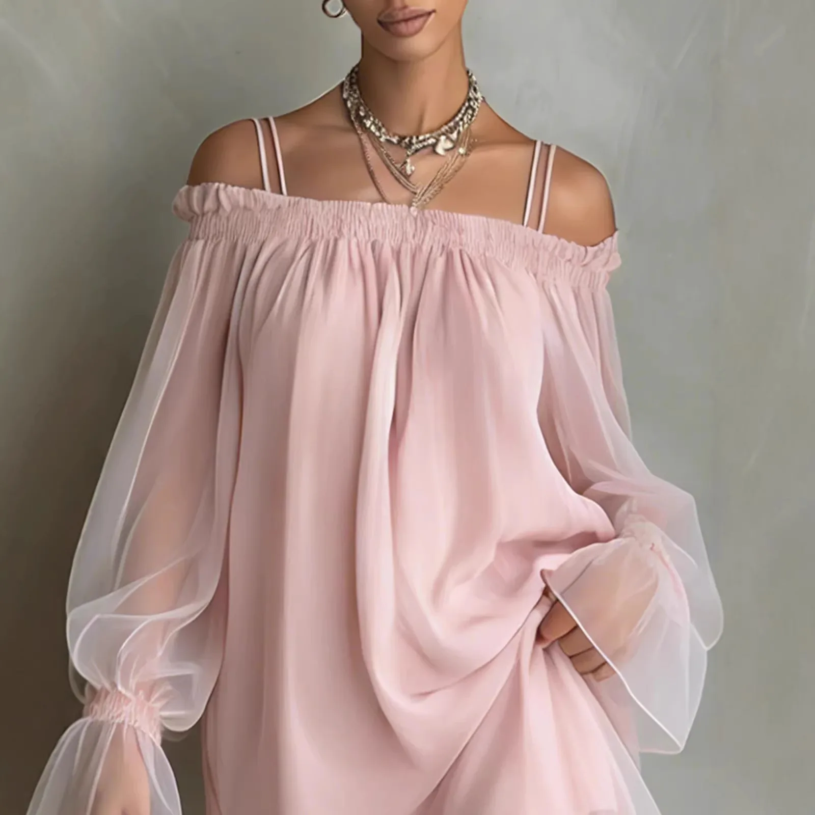 Double Strap Vestidos Off Shoulder Dress Sexy Sweet Vestido Fairy Mini Loose Dresses Summer New Sheer Mesh Long Sleeve Ropa Muje