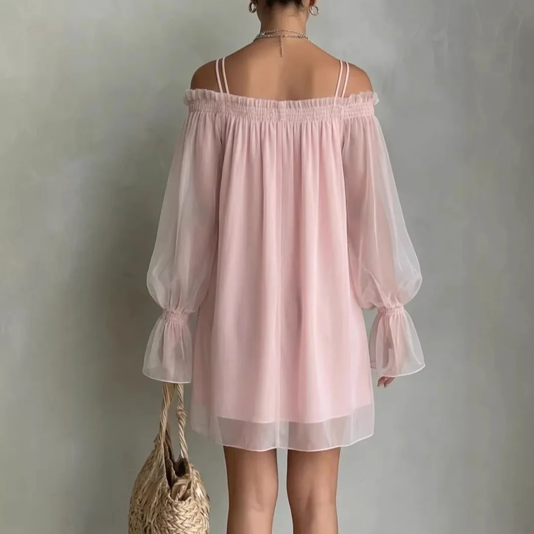 Double Strap Vestidos Off Shoulder Dress Sexy Sweet Vestido Fairy Mini Loose Dresses Summer New Sheer Mesh Long Sleeve Ropa Muje