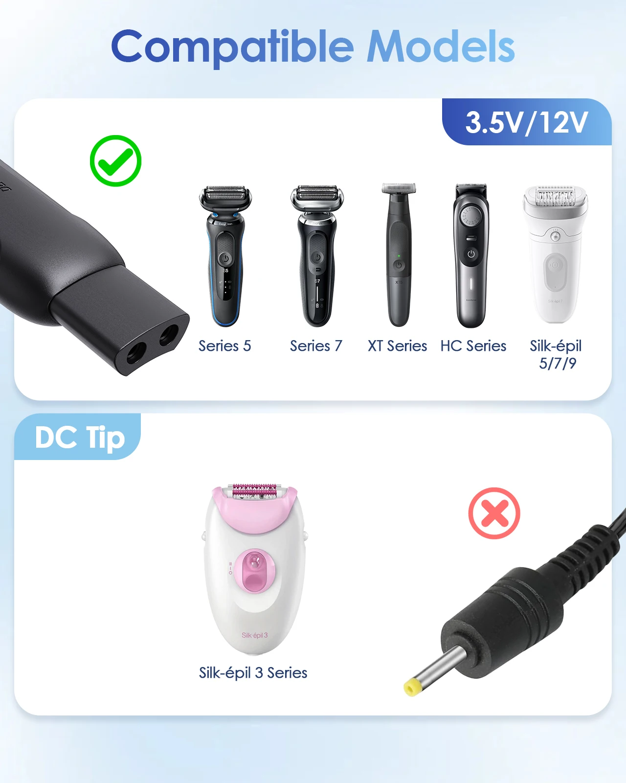 12V/3.5V Upgrade Type-C Shaver Charger Adapter for Braun 3/5/6/7/9/XT5 Series Electric Shaver, Razor Charger Converter