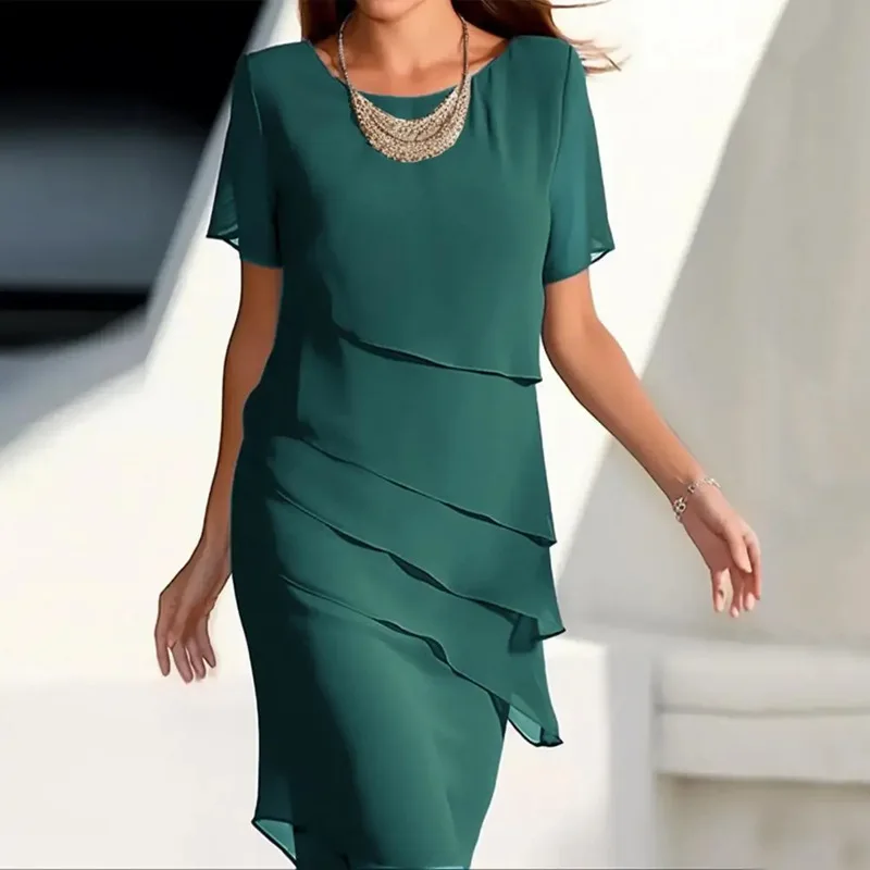Women's Party Dress Chiffon Short Sleeve Round Neck Layered Asymmetrical Hem Formal Cocktail Dress 