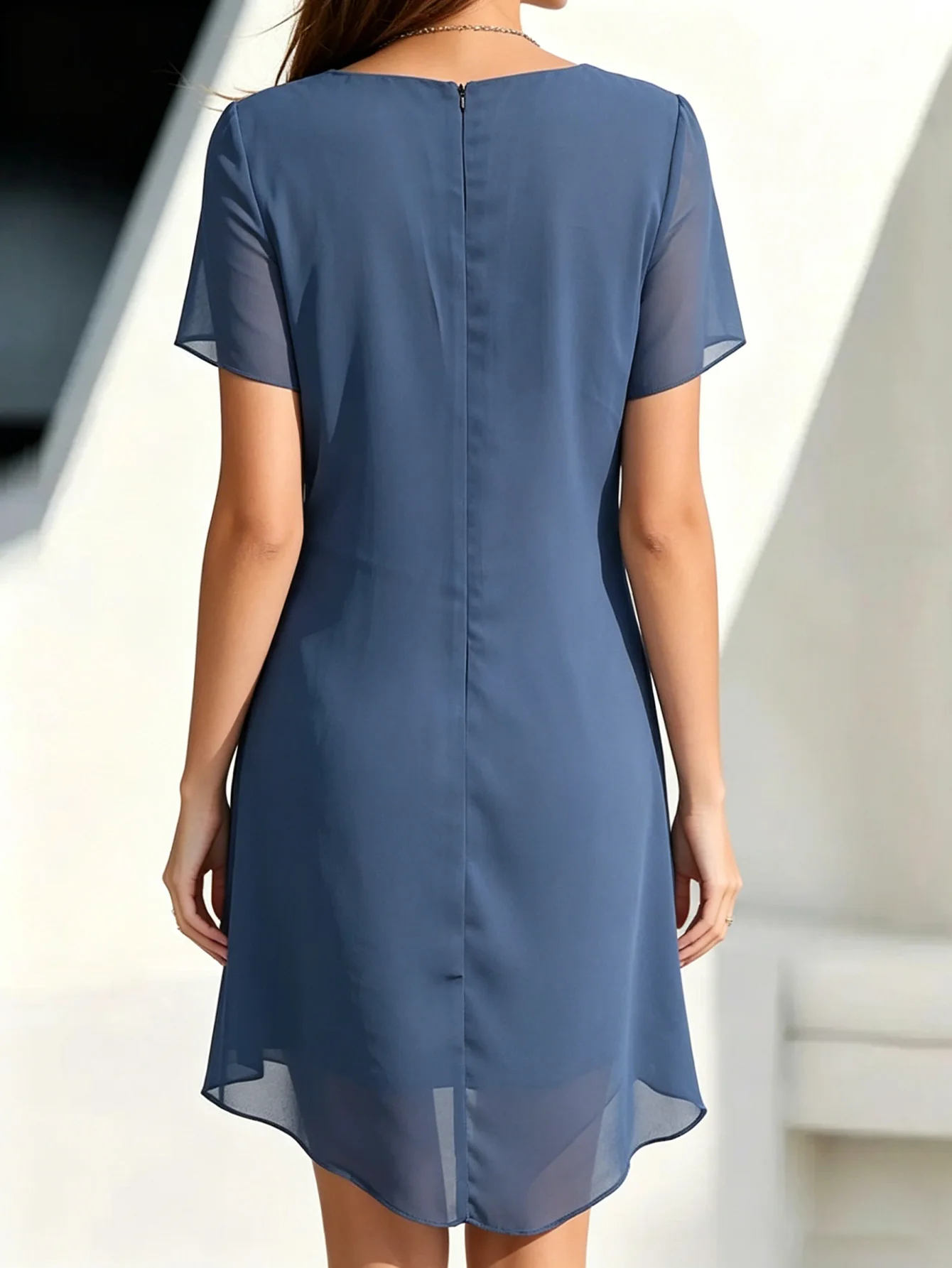 Women's Party Dress Chiffon Short Sleeve Round Neck Layered Asymmetrical Hem Formal Cocktail Dress 