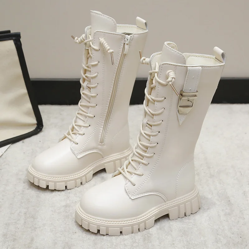 Elegant Zipper Baby Girl Casual Fashion Boots Autumn/winter Round Toe Warm Thick Sole Lace Comfortable Children's Midsole Boots