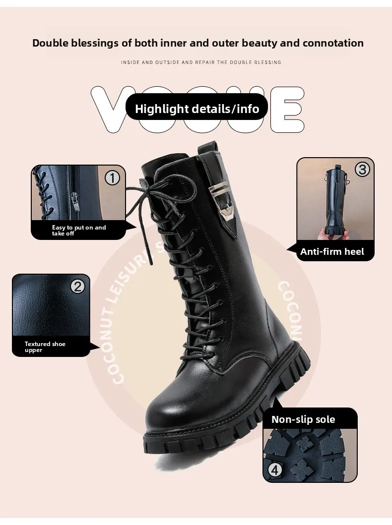 Elegant Zipper Baby Girl Casual Fashion Boots Autumn/winter Round Toe Warm Thick Sole Lace Comfortable Children's Midsole Boots