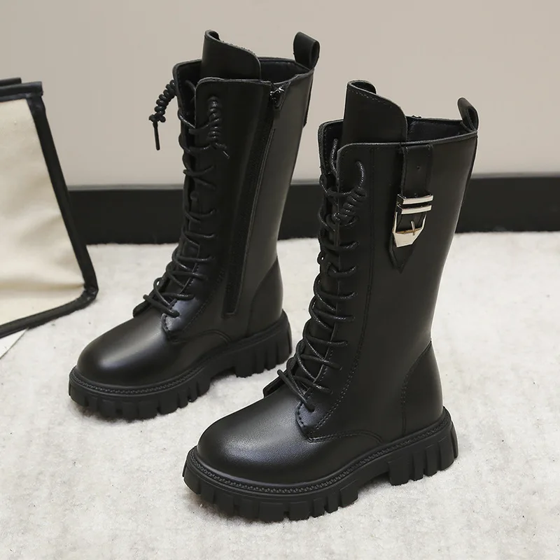 Elegant Zipper Baby Girl Casual Fashion Boots Autumn/winter Round Toe Warm Thick Sole Lace Comfortable Children's Midsole Boots