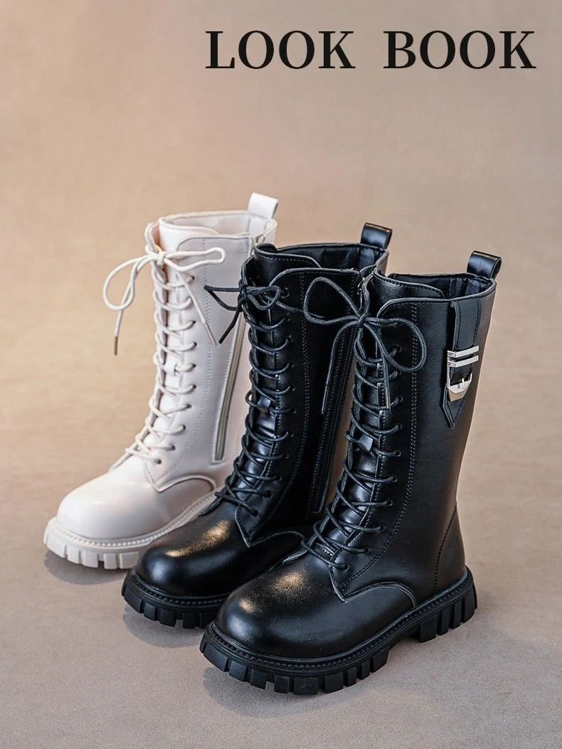Elegant Zipper Baby Girl Casual Fashion Boots Autumn/winter Round Toe Warm Thick Sole Lace Comfortable Children's Midsole Boots