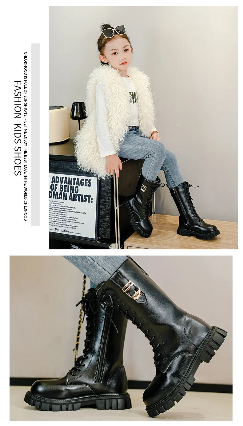 Elegant Zipper Baby Girl Casual Fashion Boots Autumn/winter Round Toe Warm Thick Sole Lace Comfortable Children's Midsole Boots
