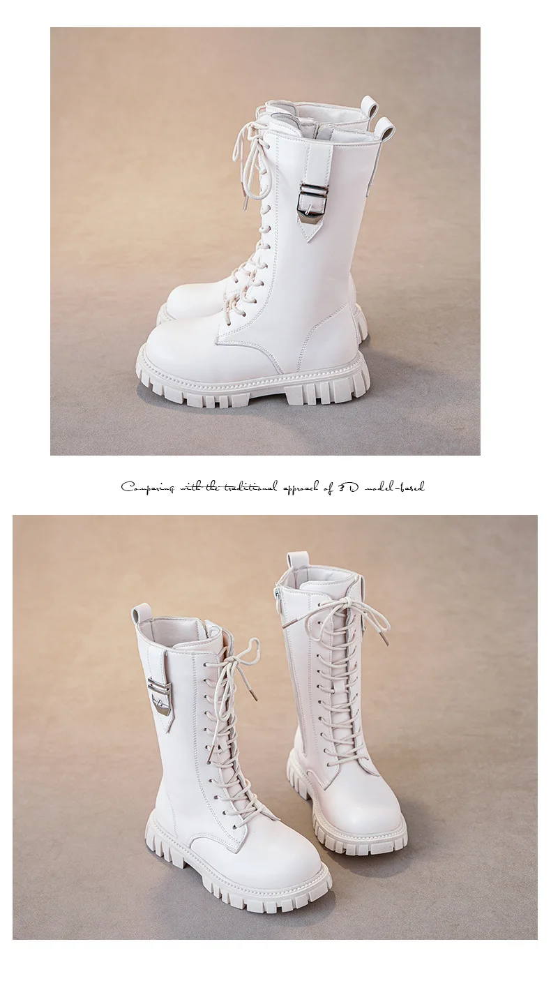 Elegant Zipper Baby Girl Casual Fashion Boots Autumn/winter Round Toe Warm Thick Sole Lace Comfortable Children's Midsole Boots