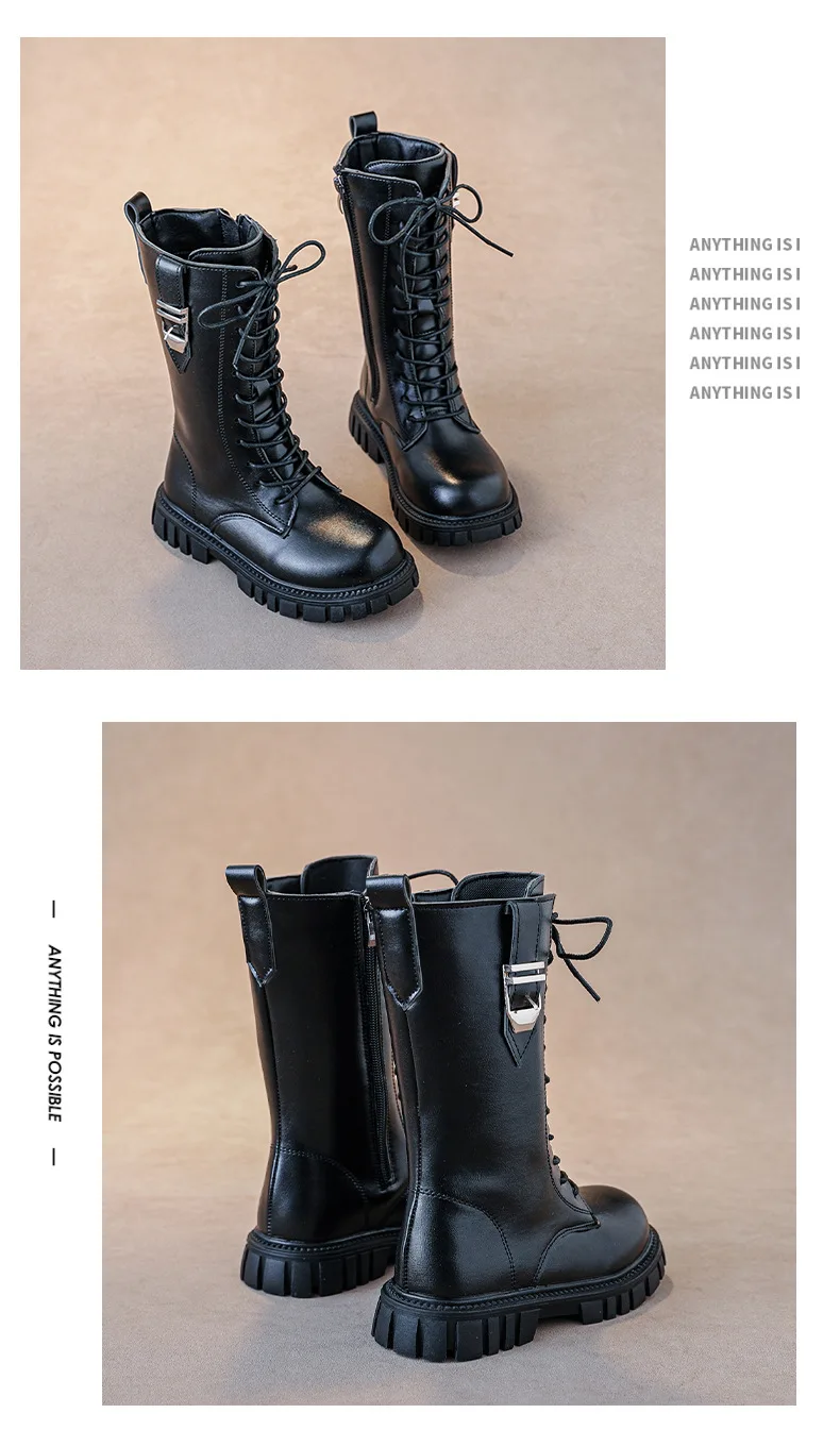 Elegant Zipper Baby Girl Casual Fashion Boots Autumn/winter Round Toe Warm Thick Sole Lace Comfortable Children's Midsole Boots