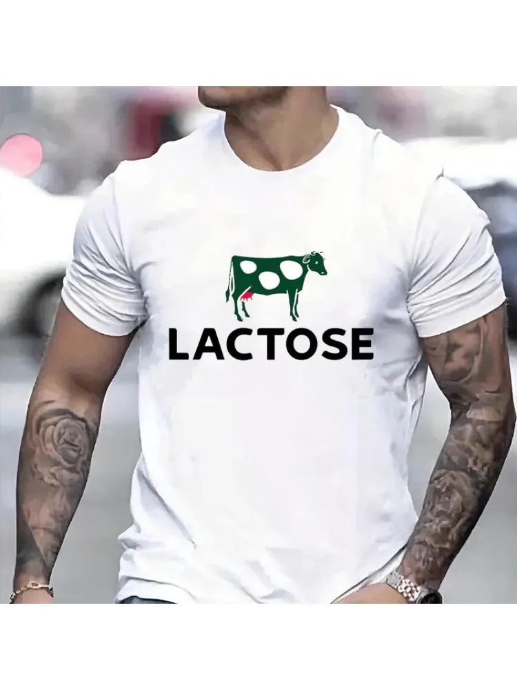 2026 New Green Cow Patterned Men Women T-shirt Letter LACTOSE Print Unisex Tee Classic Harajuku Couple Casual Hip-hop Clothing