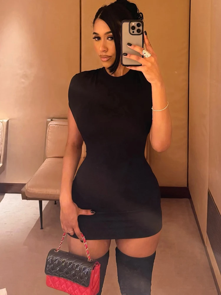 Kliou Sexy Backless Mini Dress Woman o-Neck Short Sleeve Skinny Peach Hip Hot Girls Midnight Club Party Fashion Style Bodycon