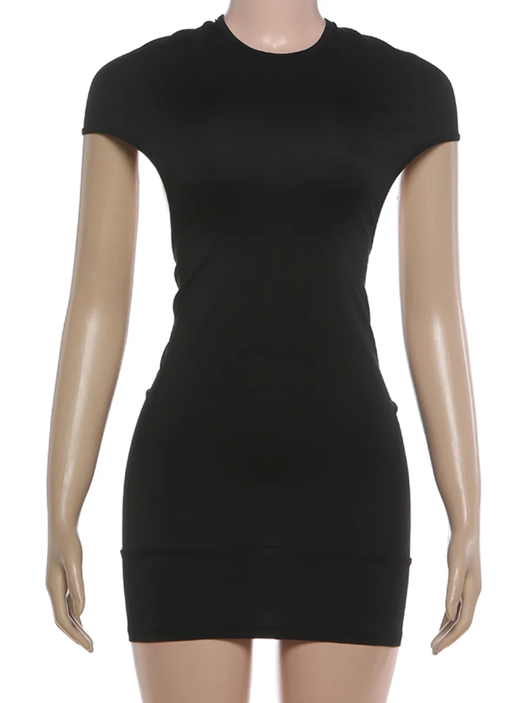 Kliou Sexy Backless Mini Dress Woman o-Neck Short Sleeve Skinny Peach Hip Hot Girls Midnight Club Party Fashion Style Bodycon