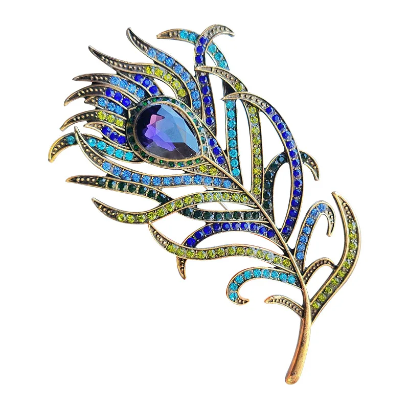 Vintage Rhinestone Large Peacock Feather Brooch For Women Men Retro Zircon Tree Leaf Brooch Clothing Accessory Pin Jewelry Gift