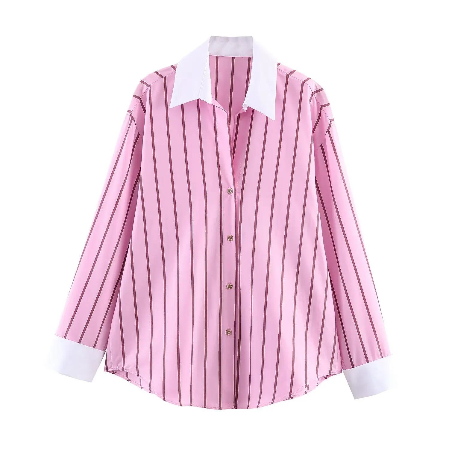 Spring Women's Casual Stripes Pink Shirts Trendy Vacation Buttons Lapel Shirts New 2026 Summer Fashion Female Streetwear
