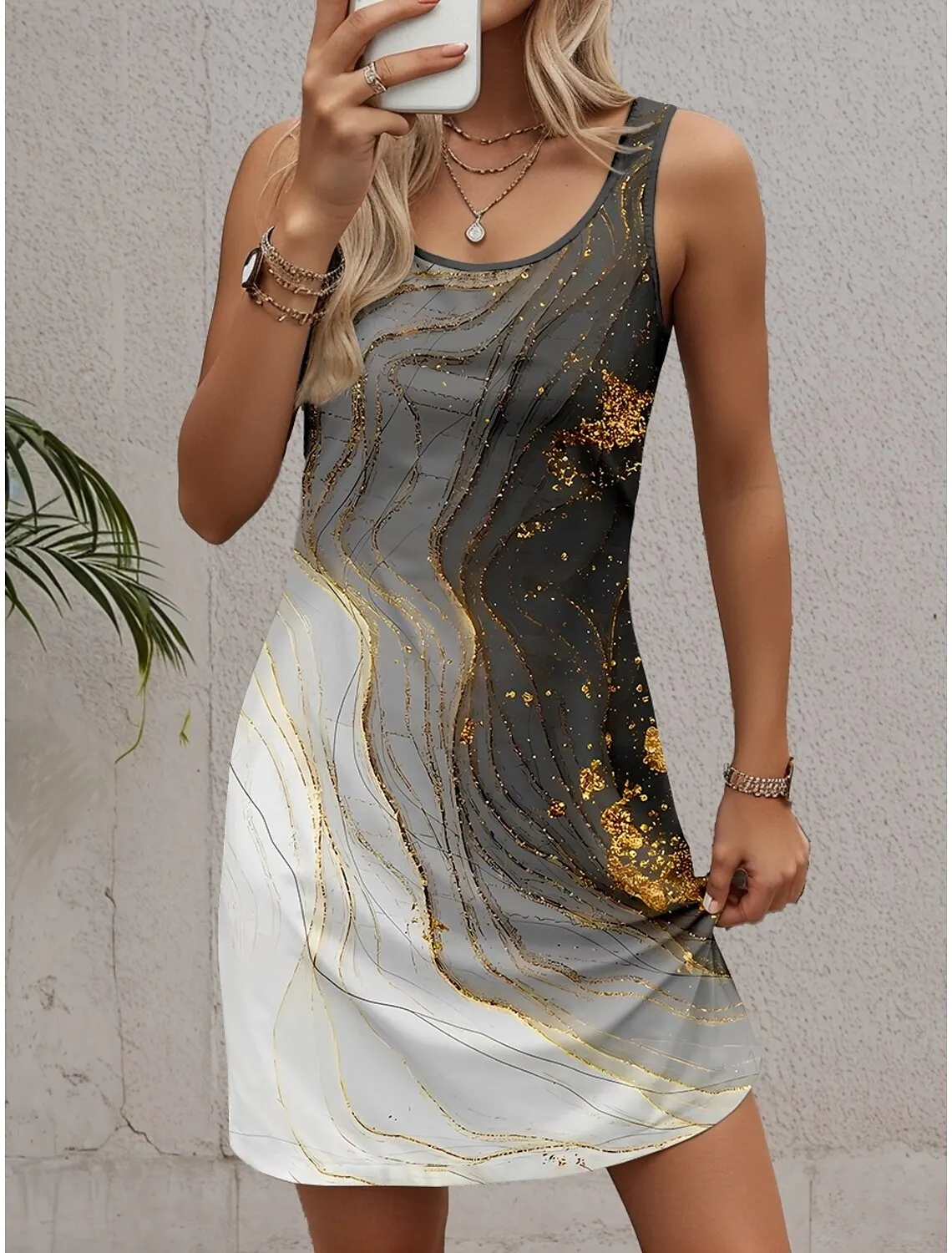 Women's Sleeveless Crew Neck Tank A-Line Mini Dress,Print, Red Purple Green Gray, Loose Casual Summer Vacation Daily Dress