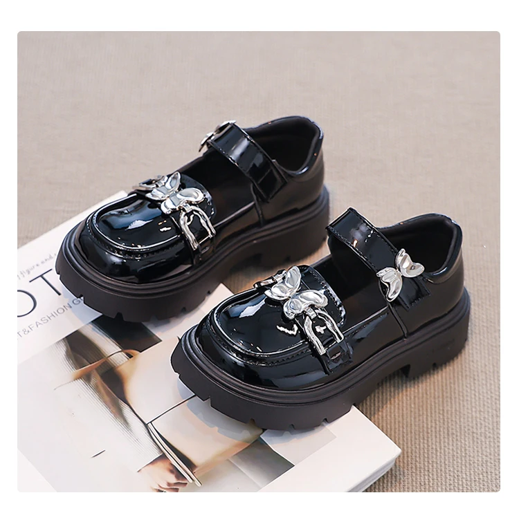 2026 Spring Autumn New Children's Leather Shoes for Girls Medium Big Kids Mary Janes Classic Fashion with Metal Butterfly Buckle