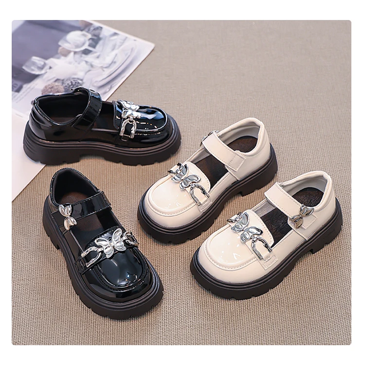 2026 Spring Autumn New Children's Leather Shoes for Girls Medium Big Kids Mary Janes Classic Fashion with Metal Butterfly Buckle