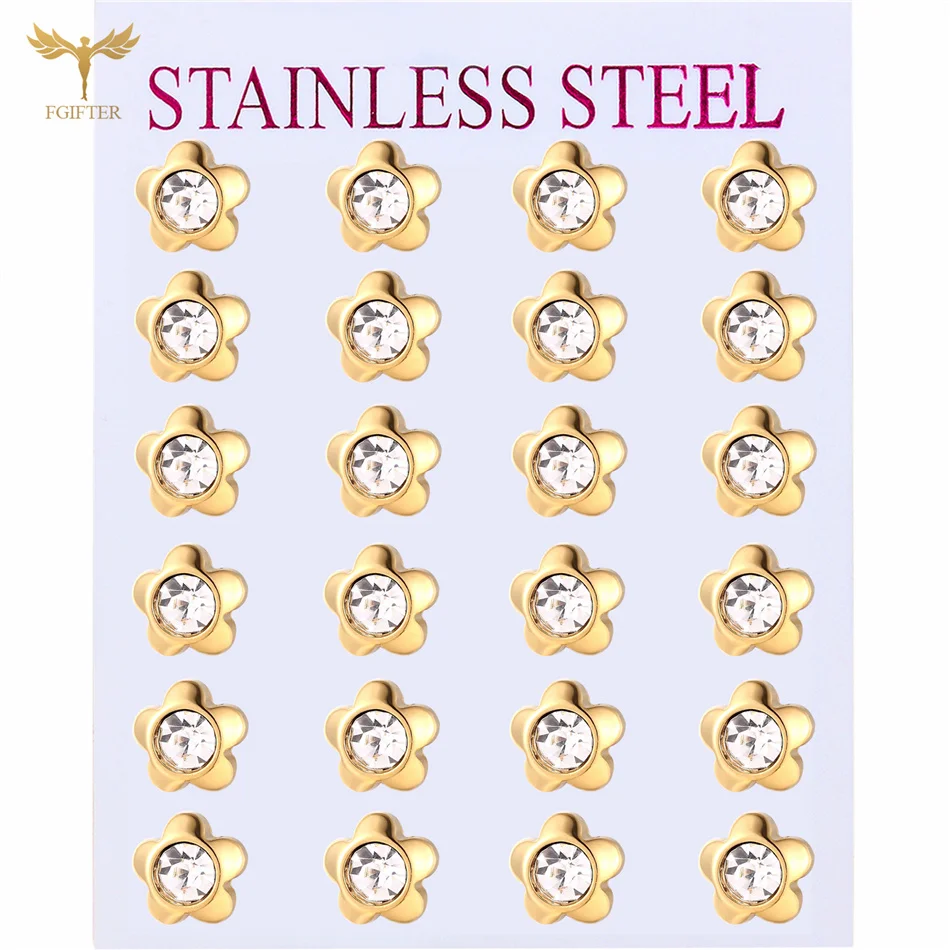 12 Pairs Surgical Stainless Steel Zircon Stud Earrings Pack Round Star Heart Flower Hexagon Triangle Fashion Jewelry Wholesale