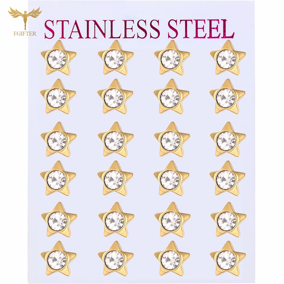 12 Pairs Surgical Stainless Steel Zircon Stud Earrings Pack Round Star Heart Flower Hexagon Triangle Fashion Jewelry Wholesale