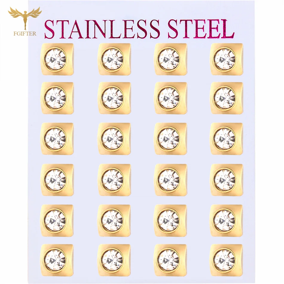 12 Pairs Surgical Stainless Steel Zircon Stud Earrings Pack Round Star Heart Flower Hexagon Triangle Fashion Jewelry Wholesale