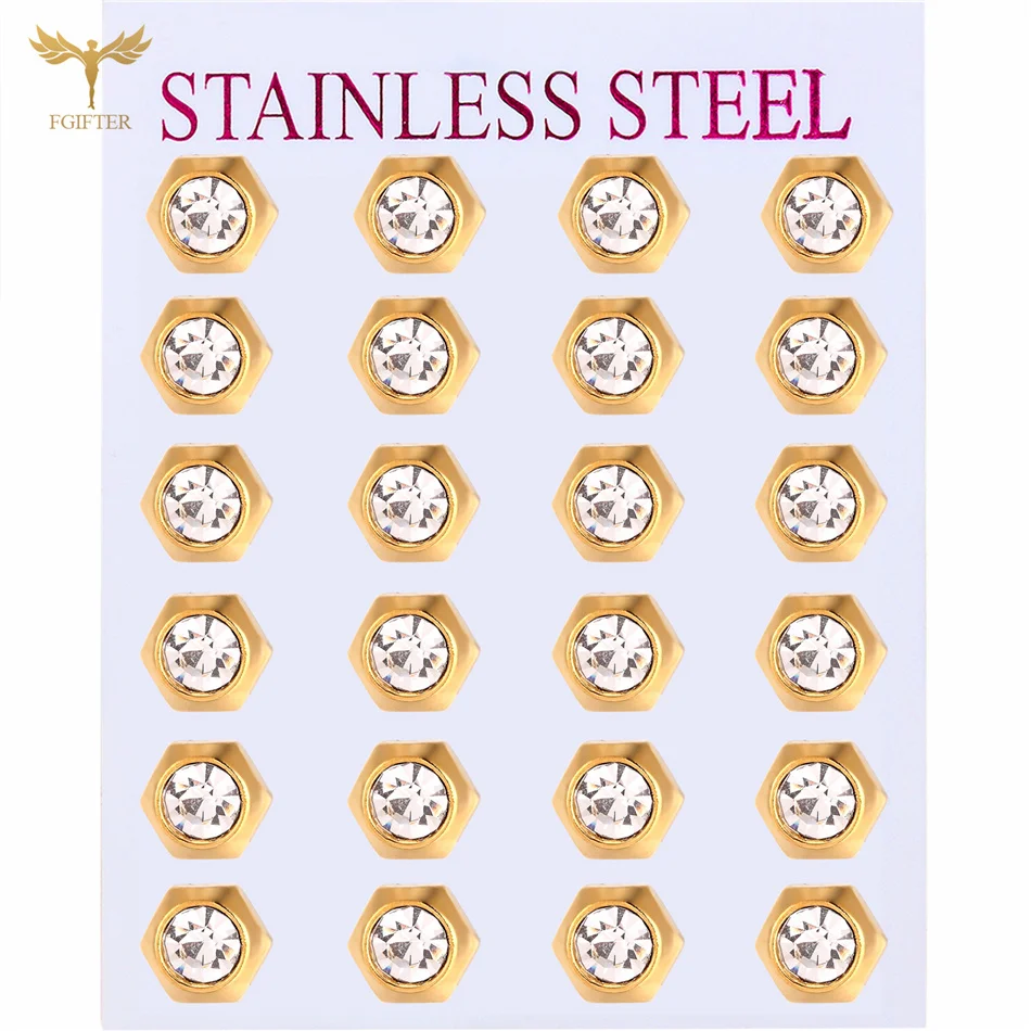 12 Pairs Surgical Stainless Steel Zircon Stud Earrings Pack Round Star Heart Flower Hexagon Triangle Fashion Jewelry Wholesale