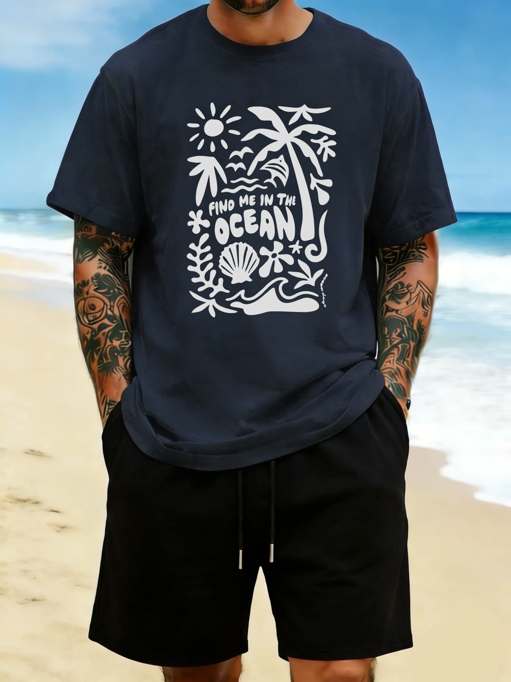 Find Me In The Ocean Print 18 Color T Shirt Hip Hop All-Match Man T-Shirts Comfy Cotton Clothing O-Neck Loose Unisex Streetwear