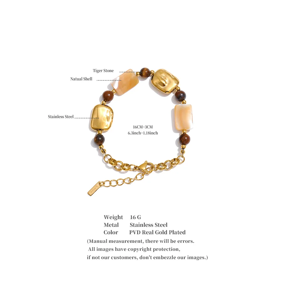 Yhpup Stainless Steel Natural Shell Tiger Stone Chain Handmade Bracelet Bangle Recommend Handmade Exquisite Charming Jewelry