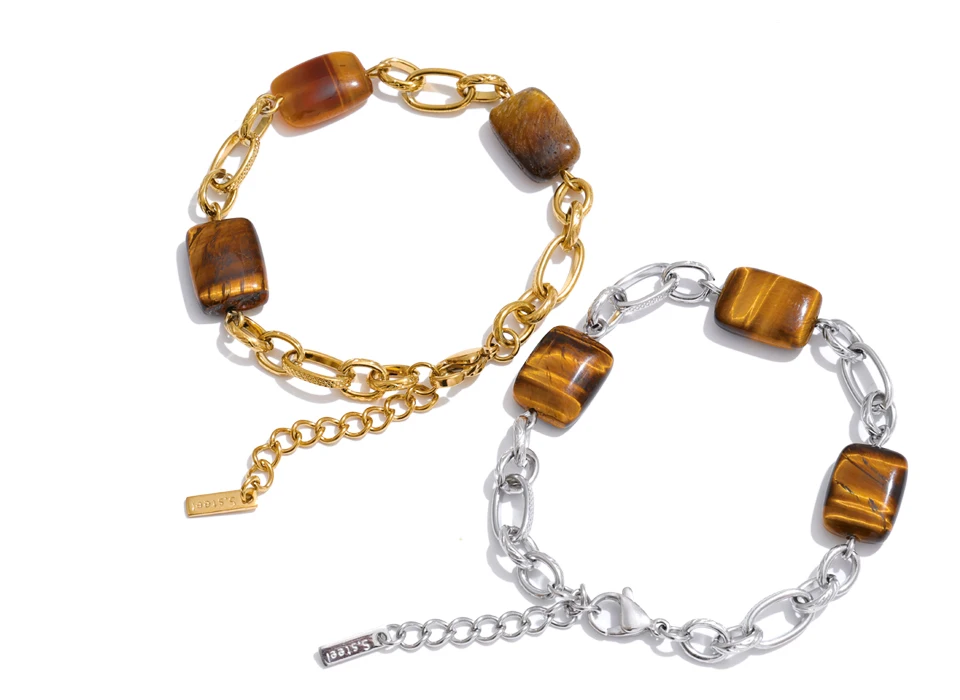 Yhpup Stainless Steel Natural Shell Tiger Stone Chain Handmade Bracelet Bangle Recommend Handmade Exquisite Charming Jewelry