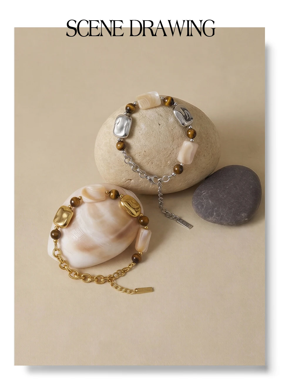Yhpup Stainless Steel Natural Shell Tiger Stone Chain Handmade Bracelet Bangle Recommend Handmade Exquisite Charming Jewelry
