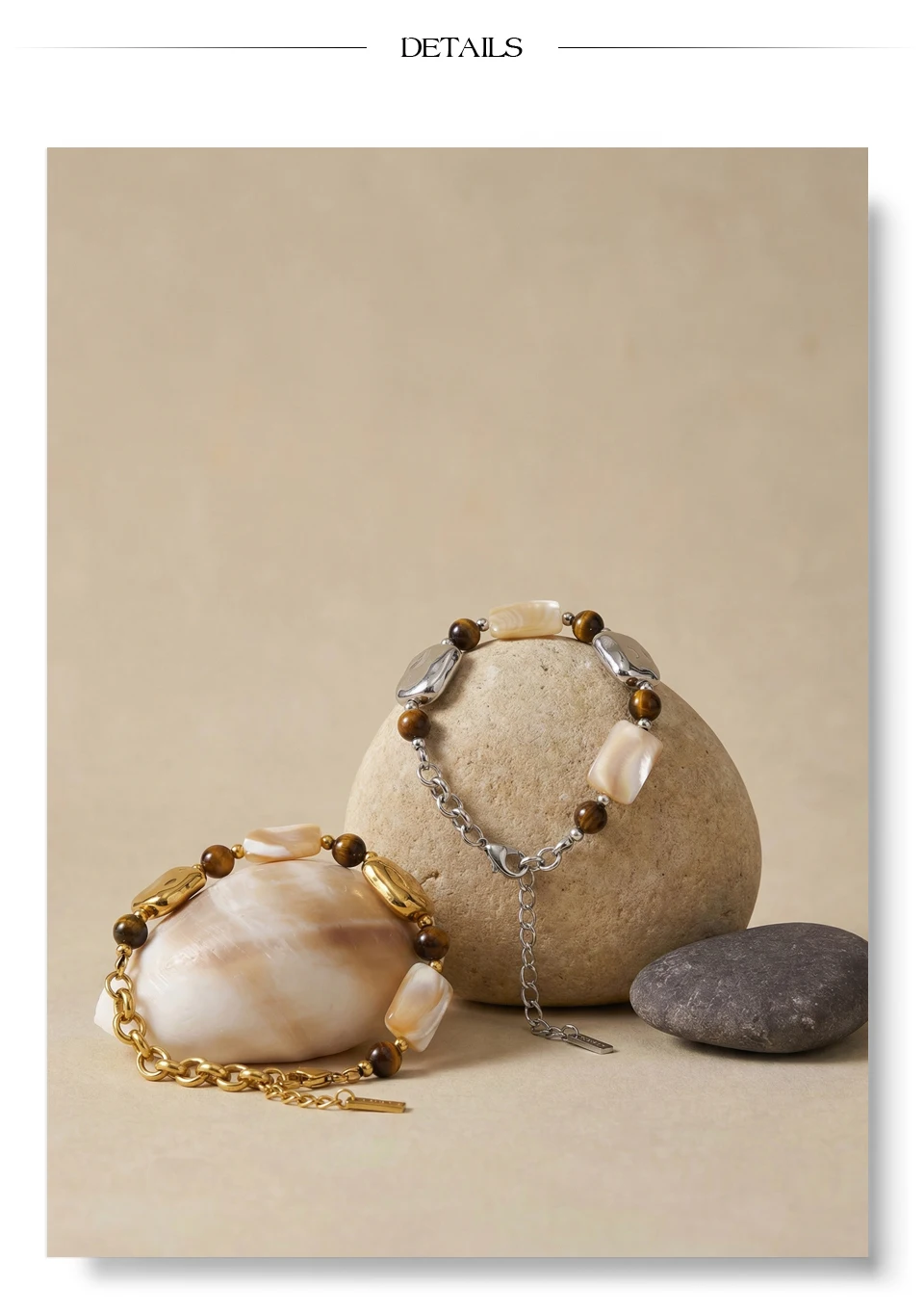 Yhpup Stainless Steel Natural Shell Tiger Stone Chain Handmade Bracelet Bangle Recommend Handmade Exquisite Charming Jewelry