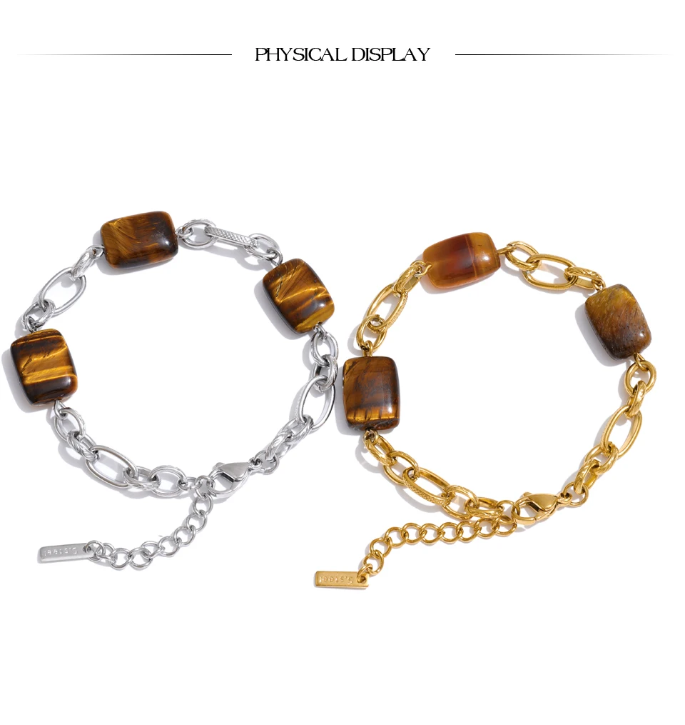 Yhpup Stainless Steel Natural Shell Tiger Stone Chain Handmade Bracelet Bangle Recommend Handmade Exquisite Charming Jewelry