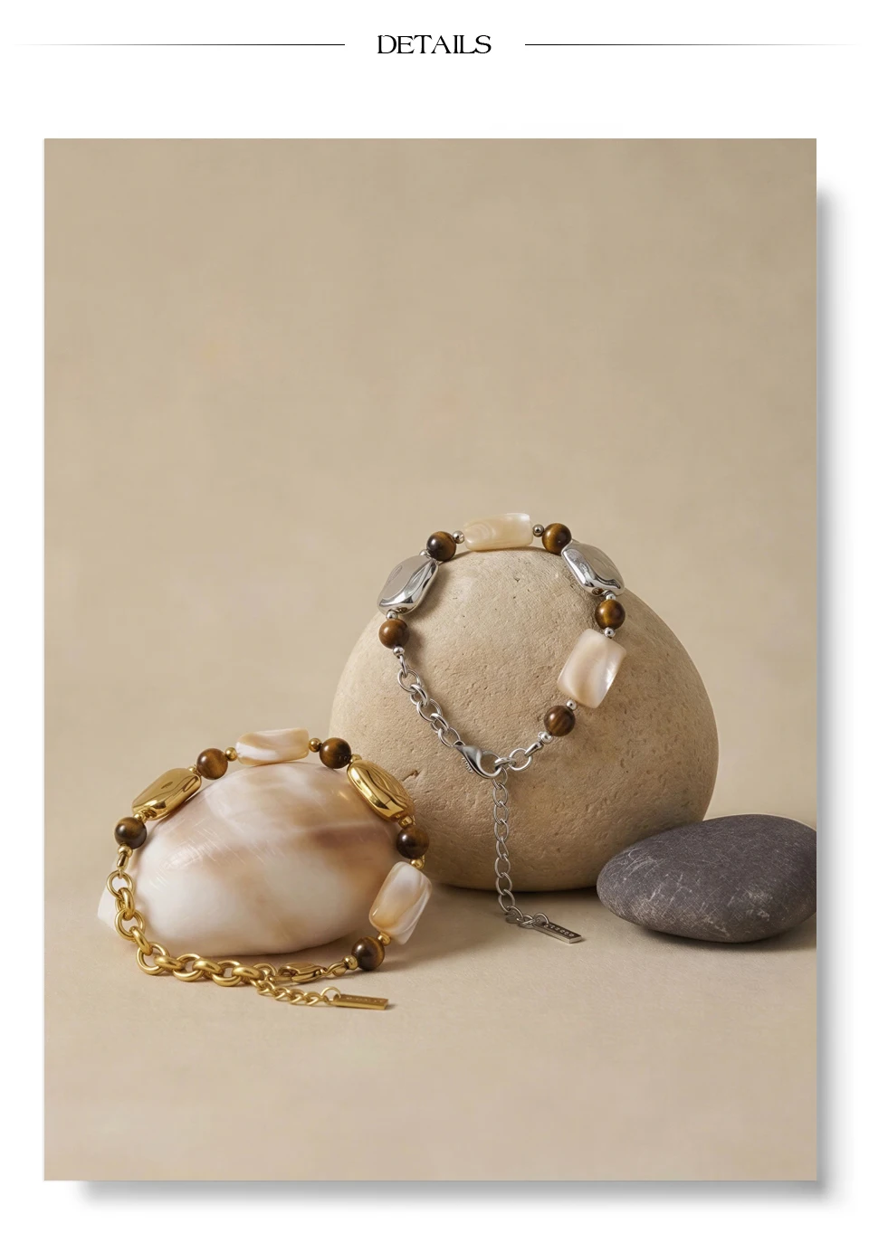 Yhpup Stainless Steel Natural Shell Tiger Stone Chain Handmade Bracelet Bangle Recommend Handmade Exquisite Charming Jewelry