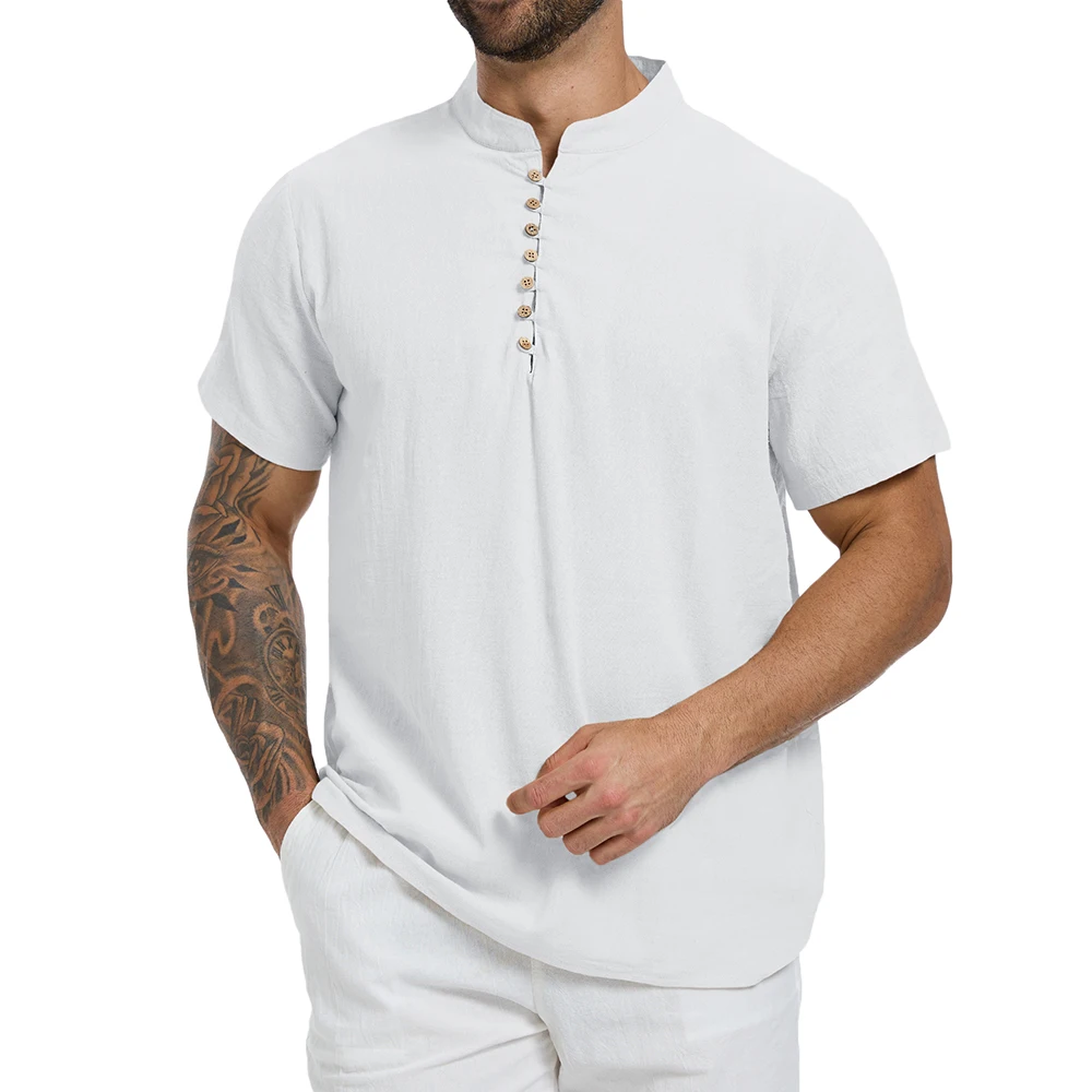 Summer Men's T-shirt Solid Color Half Button Henley Neck Casual Short Sleeve Tops Cotton Linen Cozy Lightweight Classic Tees