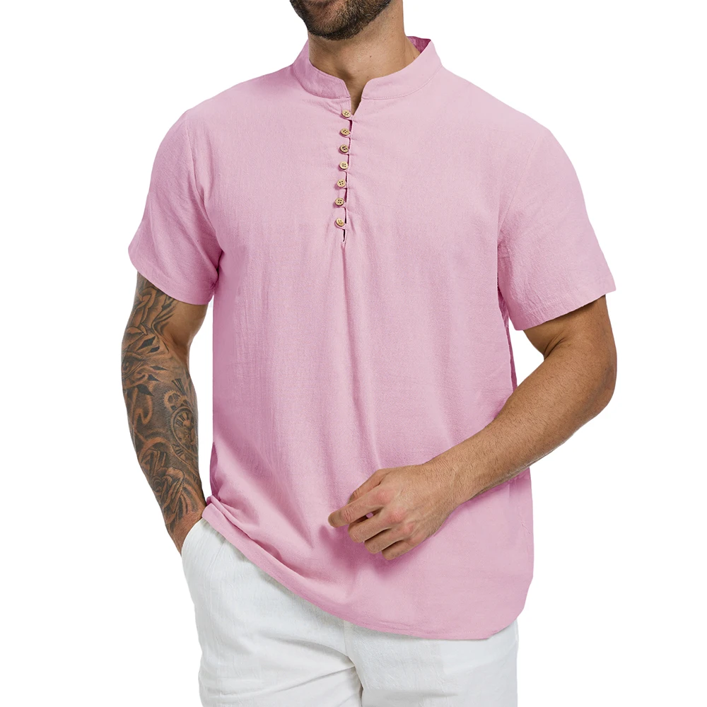 Summer Men's T-shirt Solid Color Half Button Henley Neck Casual Short Sleeve Tops Cotton Linen Cozy Lightweight Classic Tees