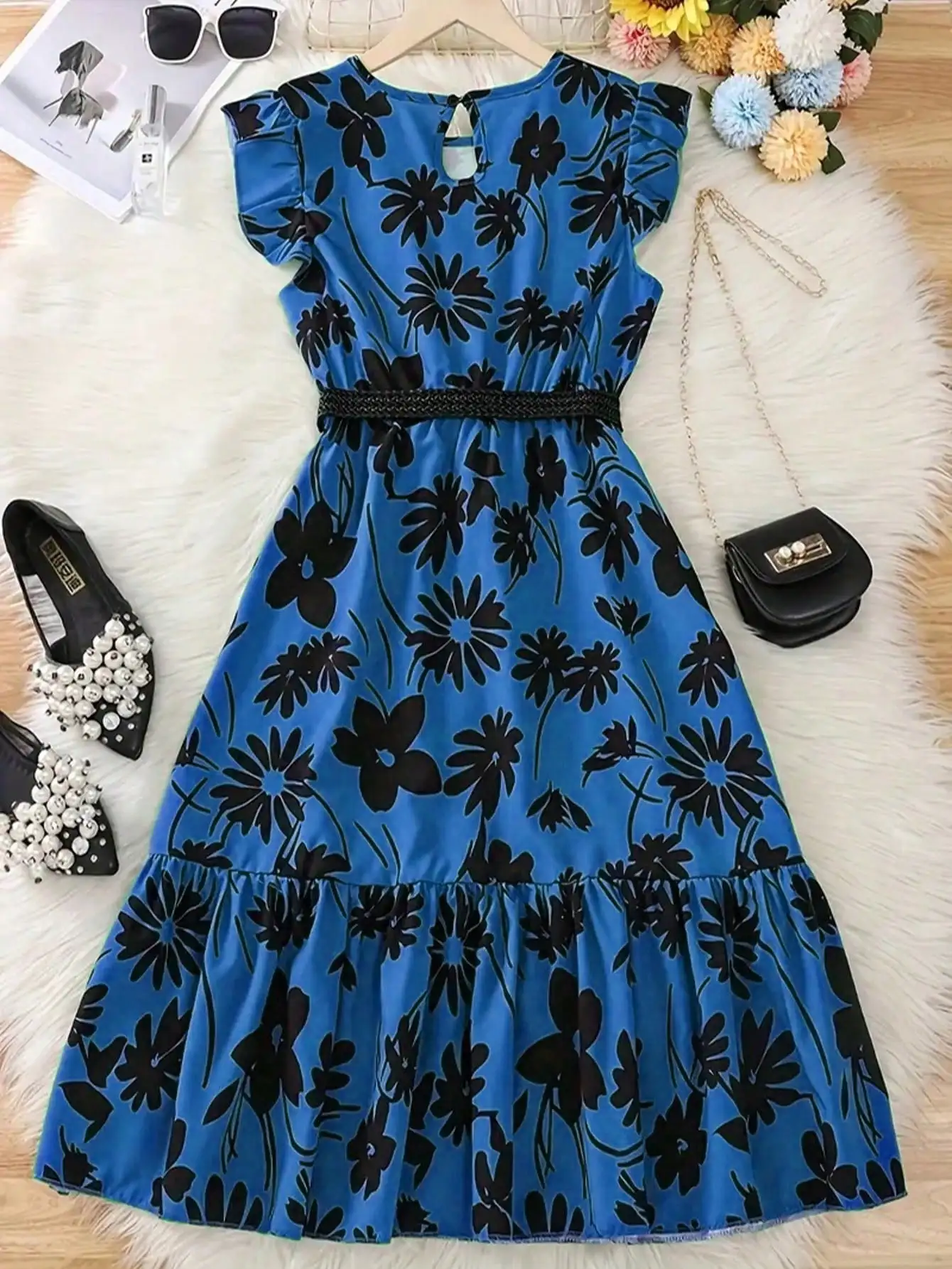 Chic Teenage Girl Green Floral Long Skirt with Belt - Casual Round Neck Ruffle Sleeves, Perfect for Summer, Teenage Jumpsuit
