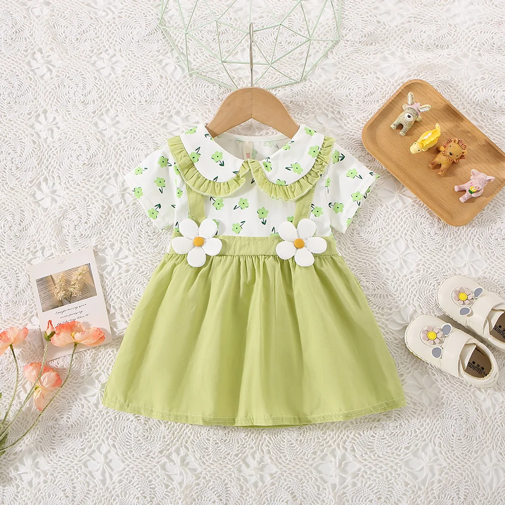 Small Floral Short Sleeved Baby Girl Dress, Summer New Fake Two-Piece Children'S Clothing (6-24 Months)