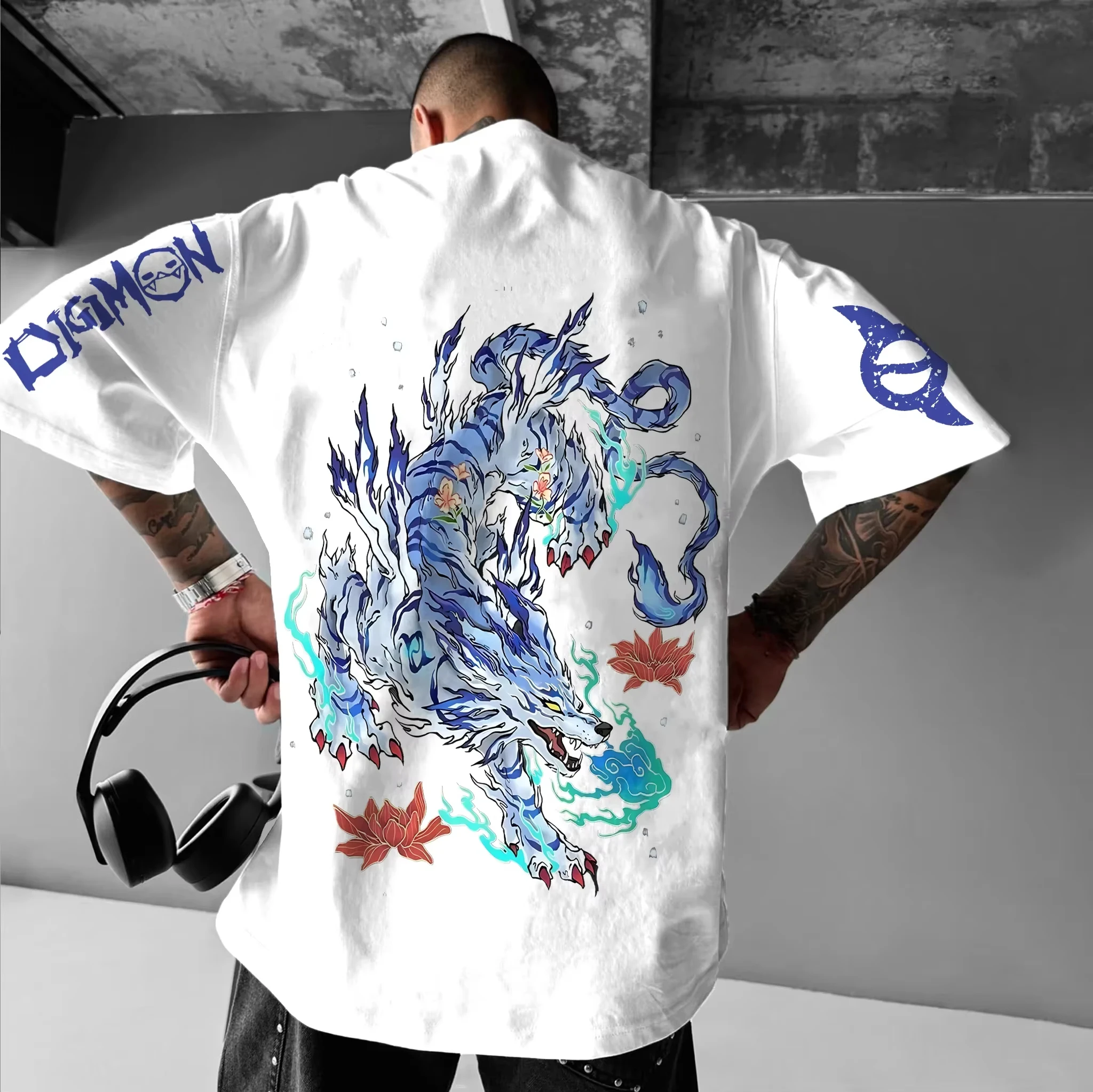 2026 New Anime Digimon Garurumon Printed T-Shirt Men's and Women's Fashion Breathable T-Shirt Men's Tops