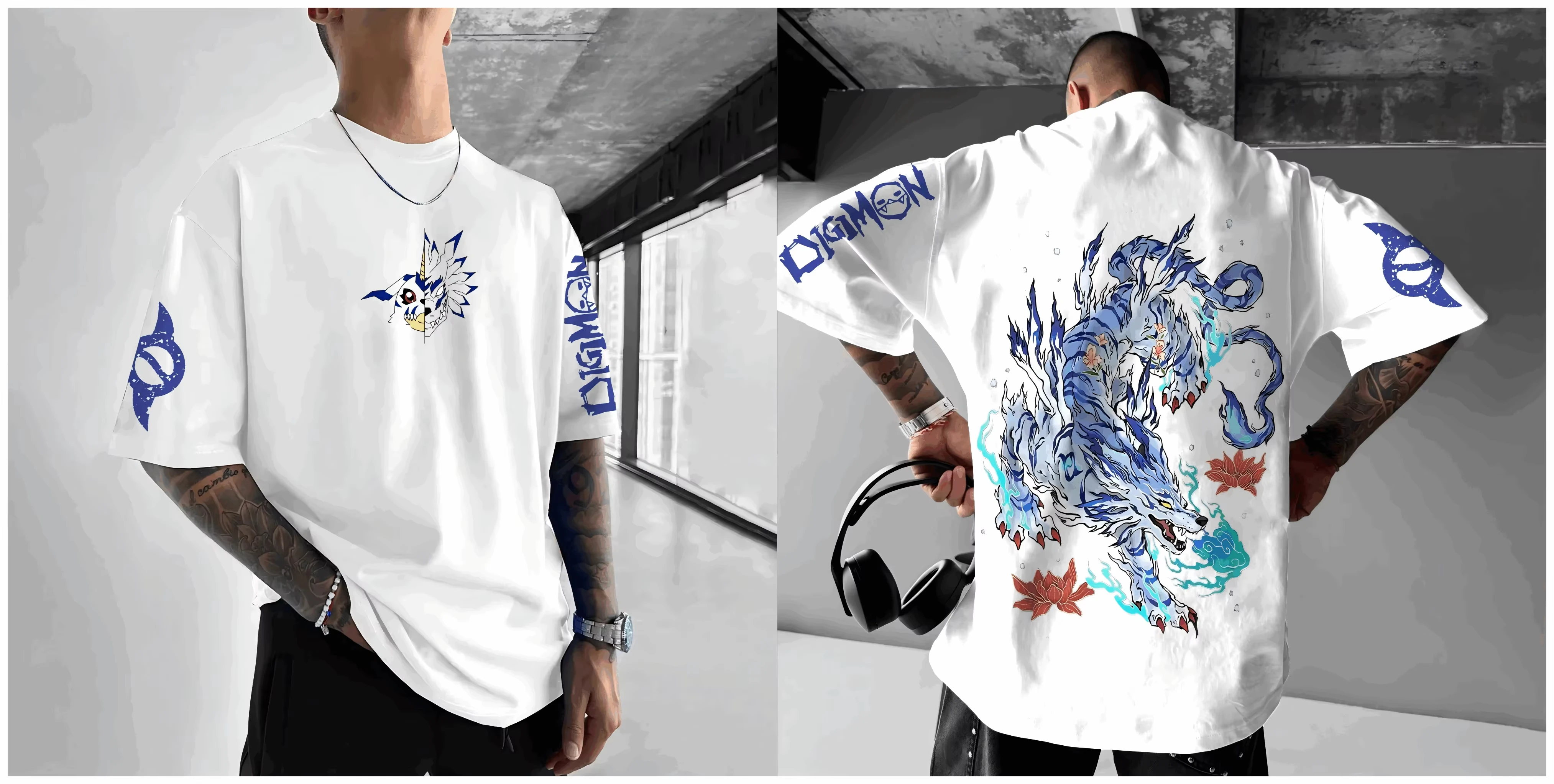 2026 New Anime Digimon Garurumon Printed T-Shirt Men's and Women's Fashion Breathable T-Shirt Men's Tops