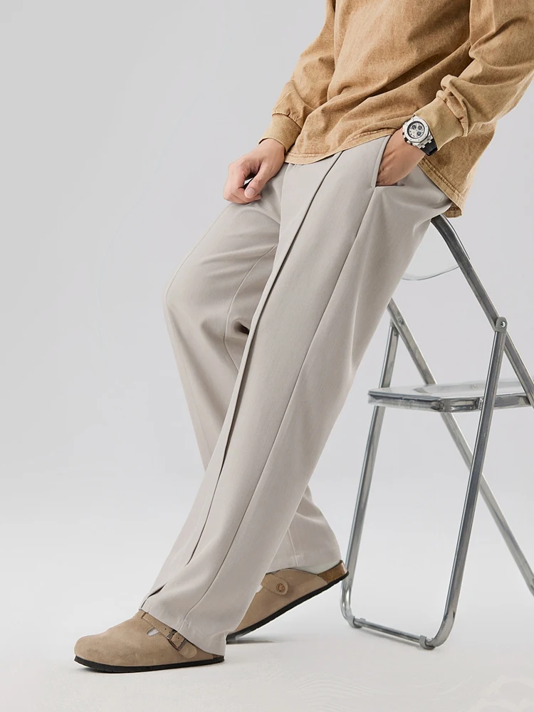 2026 New Korean Men's Casual Pants Banded Waist Stretch Semi-Wide Pleated Suit Slacks Straight Loose Draped Trousers