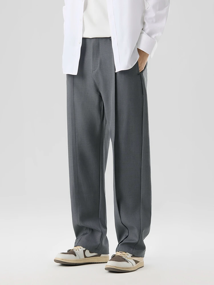 2026 New Korean Men's Casual Pants Banded Waist Stretch Semi-Wide Pleated Suit Slacks Straight Loose Draped Trousers