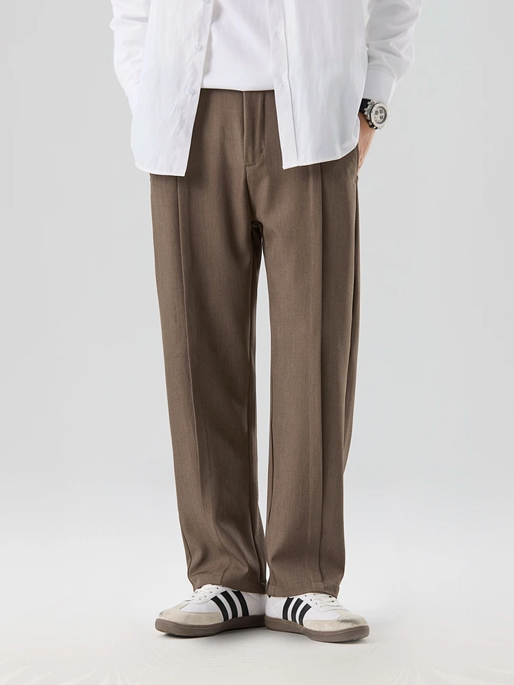 2026 New Korean Men's Casual Pants Banded Waist Stretch Semi-Wide Pleated Suit Slacks Straight Loose Draped Trousers