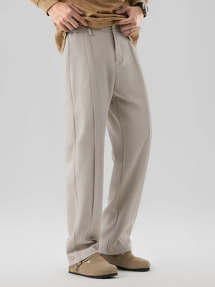 2026 New Korean Men's Casual Pants Banded Waist Stretch Semi-Wide Pleated Suit Slacks Straight Loose Draped Trousers